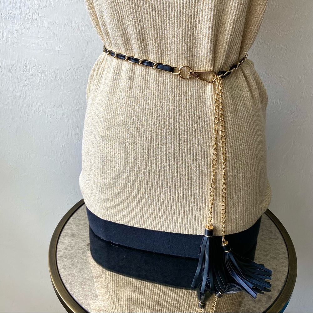 LAST CHANCE SALE! Zara Skinny Gold Chain Black Leather Tassel Belt